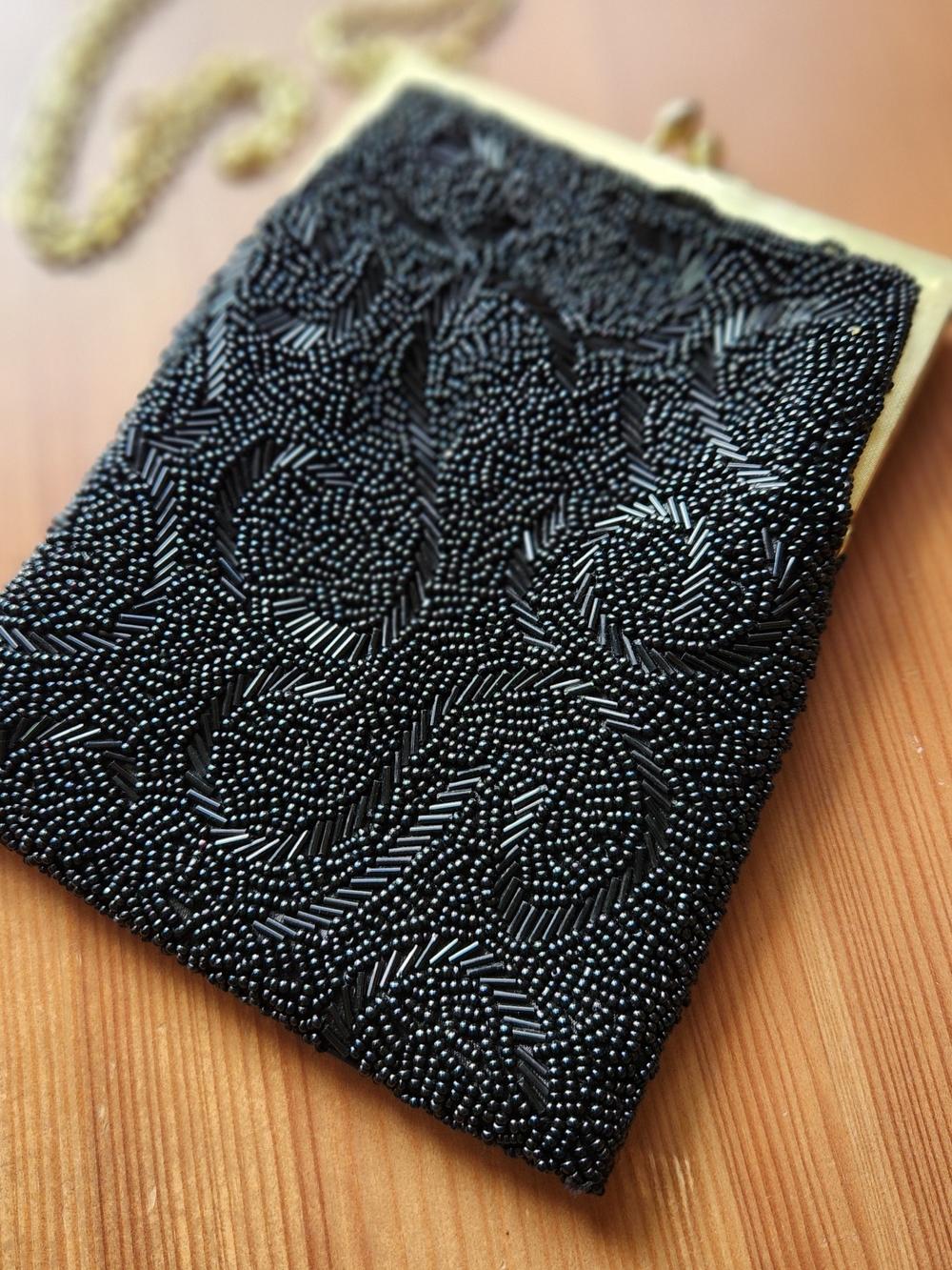Vintage Black Beaded Evening Bag with Gold Chain